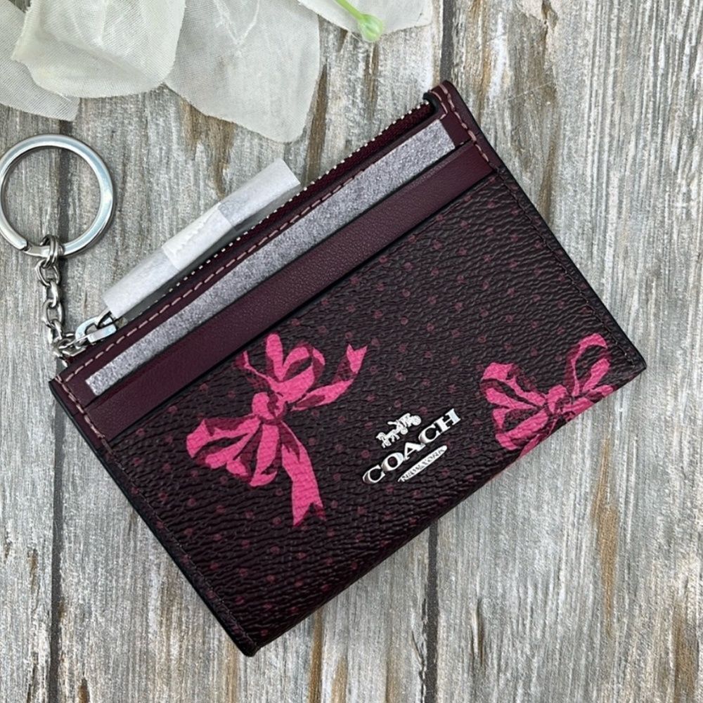 Coach Mini Skinny Id Case With Bow Print Wallet Bag Purse - Picture 2 of 6